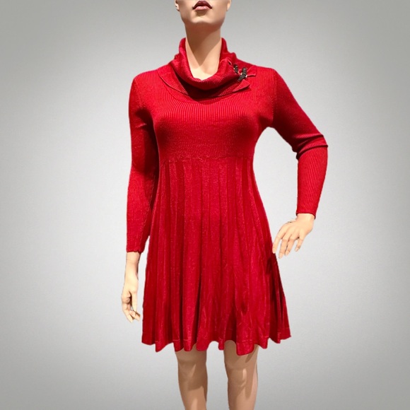 Dana Buchman Dresses & Skirts - Dana Buchman Sweater Knit Knee Length Dress Size XL (16) Red Cowl Long Sleeves